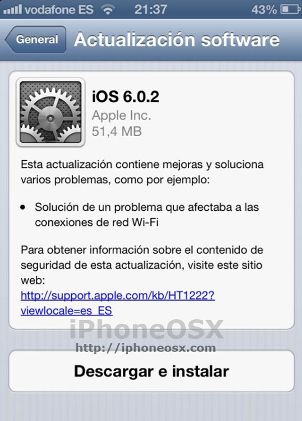 Actualización de iOS 6.0.2 disponible