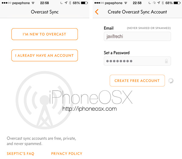 Registro de la aplicación Overcast para iPhone